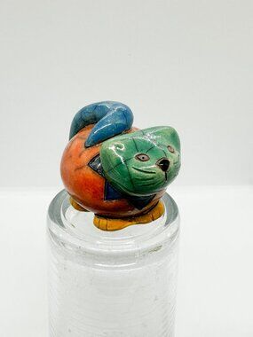 Vtg Raku Pottery Clay Cat Rainbow Figurine Sculpture Patchwork Chubby Africa
